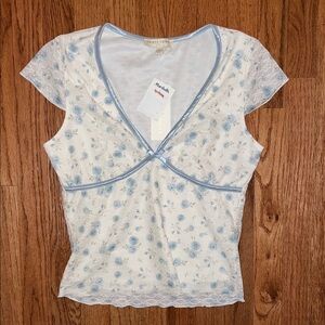 NWT TJ Maxx Thirty Thirty Women’s Blue Floral Babydoll V Neck Blouse Size Large